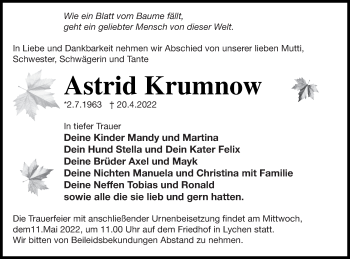 Traueranzeige von Astrid Krumnow von Templiner Zeitung