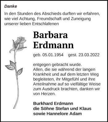 Traueranzeige von Barbara Erdmann von Neubrandenburger Zeitung