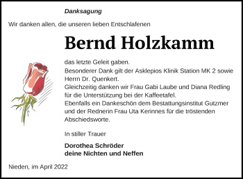 Traueranzeige von Bernd Holzkamm von Pasewalker Zeitung