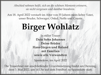 Traueranzeige von Birger Wohlatz von Vorpommern Kurier