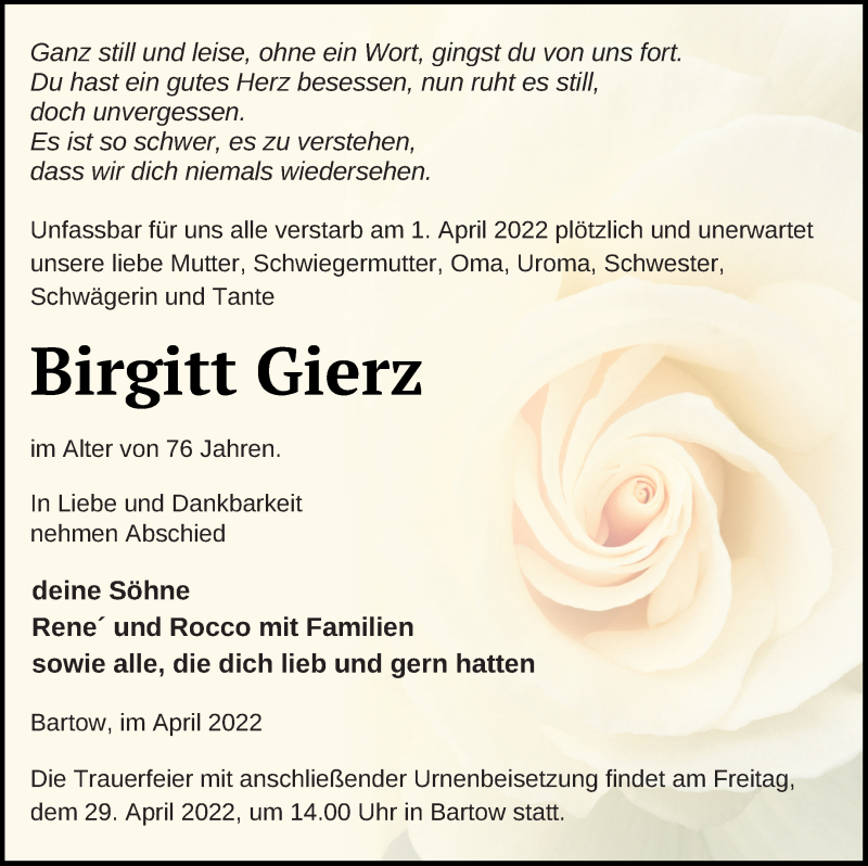  Traueranzeige für Birgitt Gierz vom 09.04.2022 aus Vorpommern Kurier