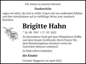 Traueranzeige von Brigitte Hahn von Demminer Zeitung