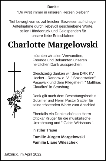 Traueranzeige von Charlotte Margelowski von Pasewalker Zeitung