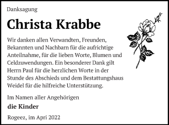 Traueranzeige von Christa Krabbe von Müritz-Zeitung