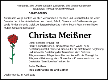 Traueranzeige von Christa Meißner von Haff-Zeitung