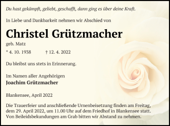 Traueranzeige von Christel Grützmacher von Strelitzer Zeitung