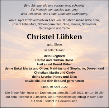 Traueranzeige von Christel Lübken von Haff-Zeitung