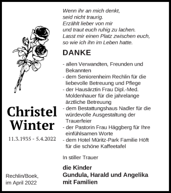 Traueranzeige von Christel Winter von Müritz-Zeitung