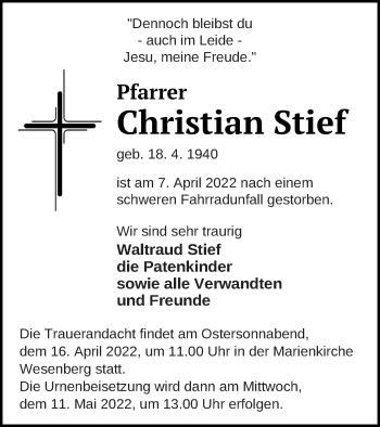 Traueranzeige von Christian Stief von Strelitzer Zeitung