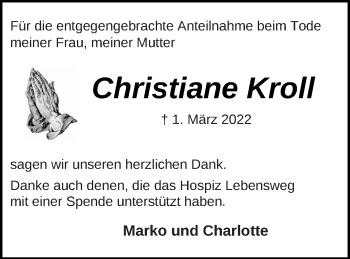 Traueranzeige von Christiane Kroll von Vorpommern Kurier