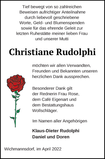 Traueranzeige von Christiane Rudolphi von Templiner Zeitung