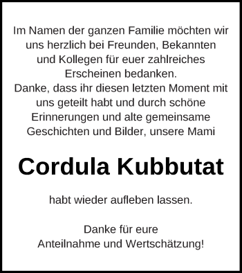 Traueranzeige von Cordula Kubbutat von Neubrandenburger Zeitung