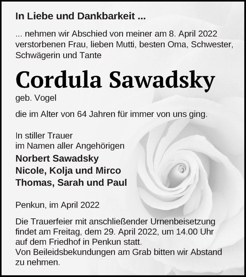  Traueranzeige für Cordula Sawadsky vom 12.04.2022 aus Pasewalker Zeitung