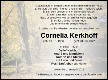 Traueranzeige von Cornelia Kerkhoff von Strelitzer Zeitung