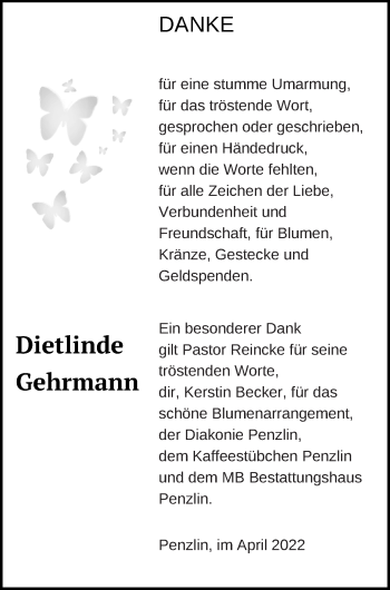 Traueranzeige von Dietlinde Gehrmann von Müritz-Zeitung