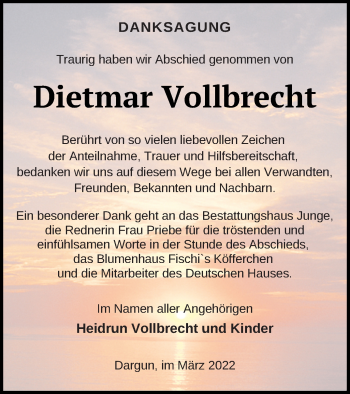 Traueranzeige von Dietmar Vollbrecht von Mecklenburger Schweiz