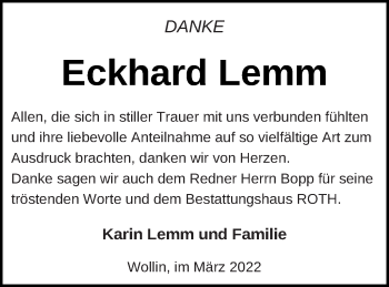 Traueranzeige von Eckhard Lemm von Prenzlauer Zeitung