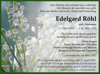 Traueranzeige von Edelgard Röhl von Haff-Zeitung