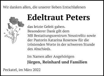 Traueranzeige von Edeltraut Peters von Strelitzer Zeitung