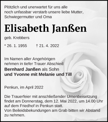 Traueranzeige von Elisabeth Janßen von Pasewalker Zeitung