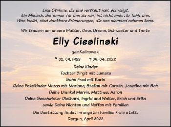 Traueranzeige von Elly Cleslinski von Mecklenburger Schweiz