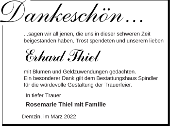 Traueranzeige von Erhard Thiel von Mecklenburger Schweiz