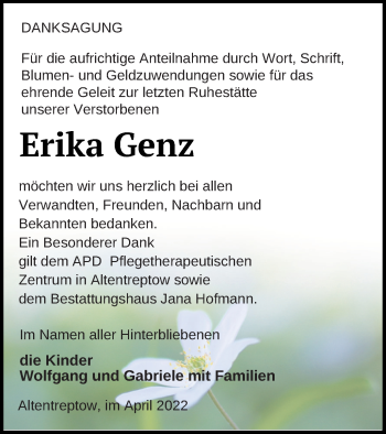 Traueranzeige von Erika Genz von Neubrandenburger Zeitung