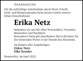 Traueranzeige von Erika Netz von Strelitzer Zeitung