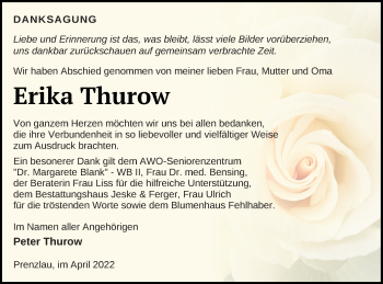 Traueranzeige von Erika Thurow von Prenzlauer Zeitung