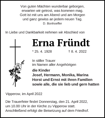 Traueranzeige von Erna Fründt von Müritz-Zeitung