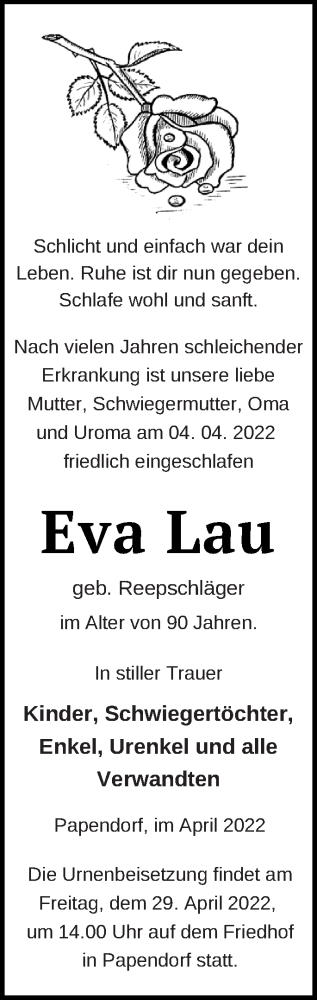 Traueranzeige von Eva Lau von Pasewalker Zeitung