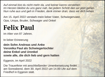 Traueranzeige von Felix Paul von Haff-Zeitung