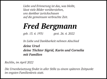 Traueranzeige von Fred Bergmann von Müritz-Zeitung