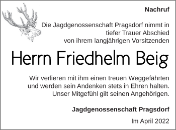 Traueranzeige von Friedhelm Beig von Neubrandenburger Zeitung