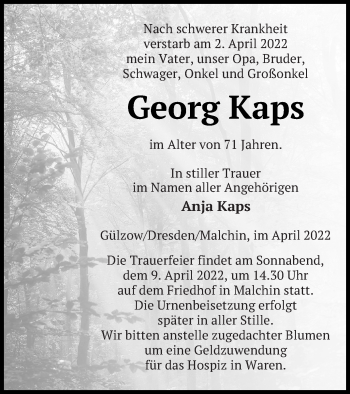 Traueranzeige von Georg Kaps von Mecklenburger Schweiz