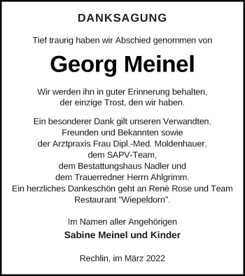 Traueranzeige von Georg Meinel von Müritz-Zeitung