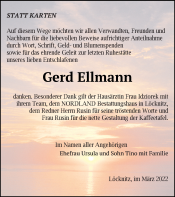 Traueranzeige von Gerd Ellmann von Pasewalker Zeitung