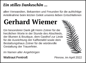 Traueranzeige von Gerhard Wiemer von Vorpommern Kurier