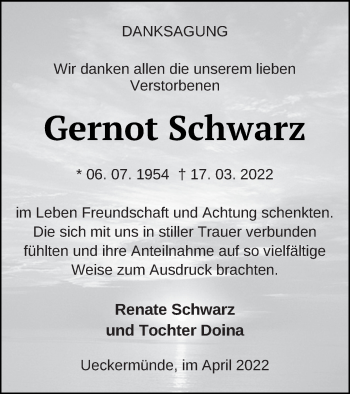 Traueranzeige von Gernot Schwarz von Haff-Zeitung