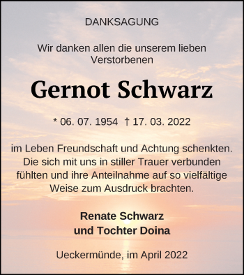 Traueranzeige von Gernot Schwarz von Haff-Zeitung