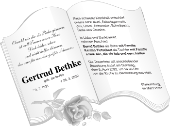 Traueranzeige von Gertrud Bethke von Prenzlauer Zeitung