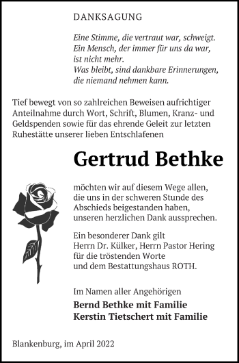 Traueranzeige von Gertrud Bethke von Prenzlauer Zeitung