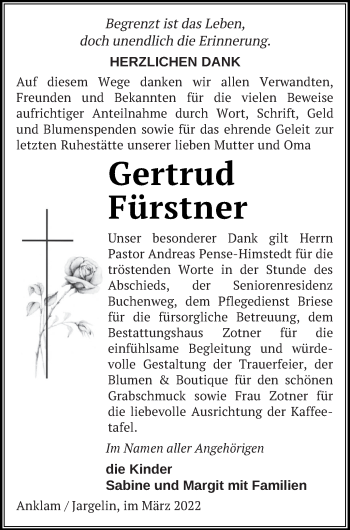 Traueranzeige von Gertrud Fürstner von Vorpommern Kurier