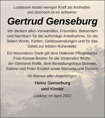 Traueranzeige von Gertrud Genseburg von Haff-Zeitung