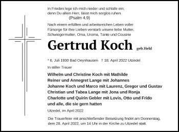 Traueranzeige von Gertrud Koch von Demminer Zeitung