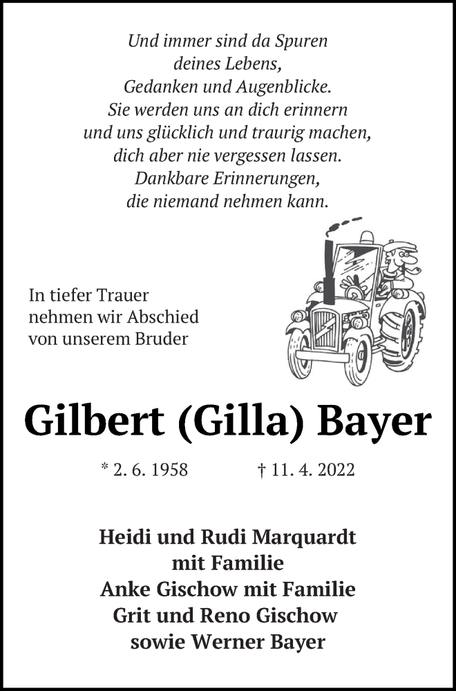  Traueranzeige für Gilbert Bayer vom 16.04.2022 aus Neubrandenburger Zeitung