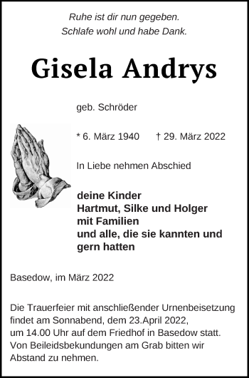 Traueranzeige von Gisela Andrys von Mecklenburger Schweiz