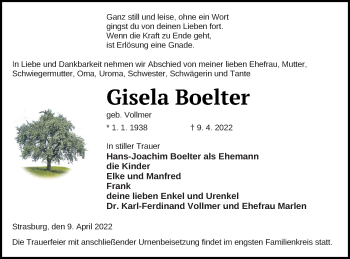 Traueranzeige von Gisela Boelter von Pasewalker Zeitung