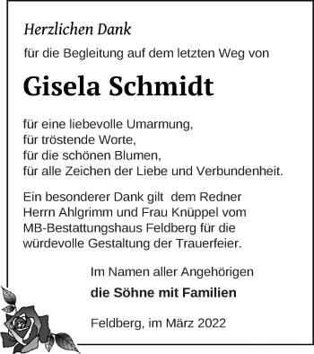 Traueranzeige von Gisela Schmidt von Strelitzer Zeitung