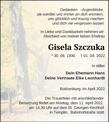 Traueranzeige von Gisela Szczuka von Vorpommern Kurier